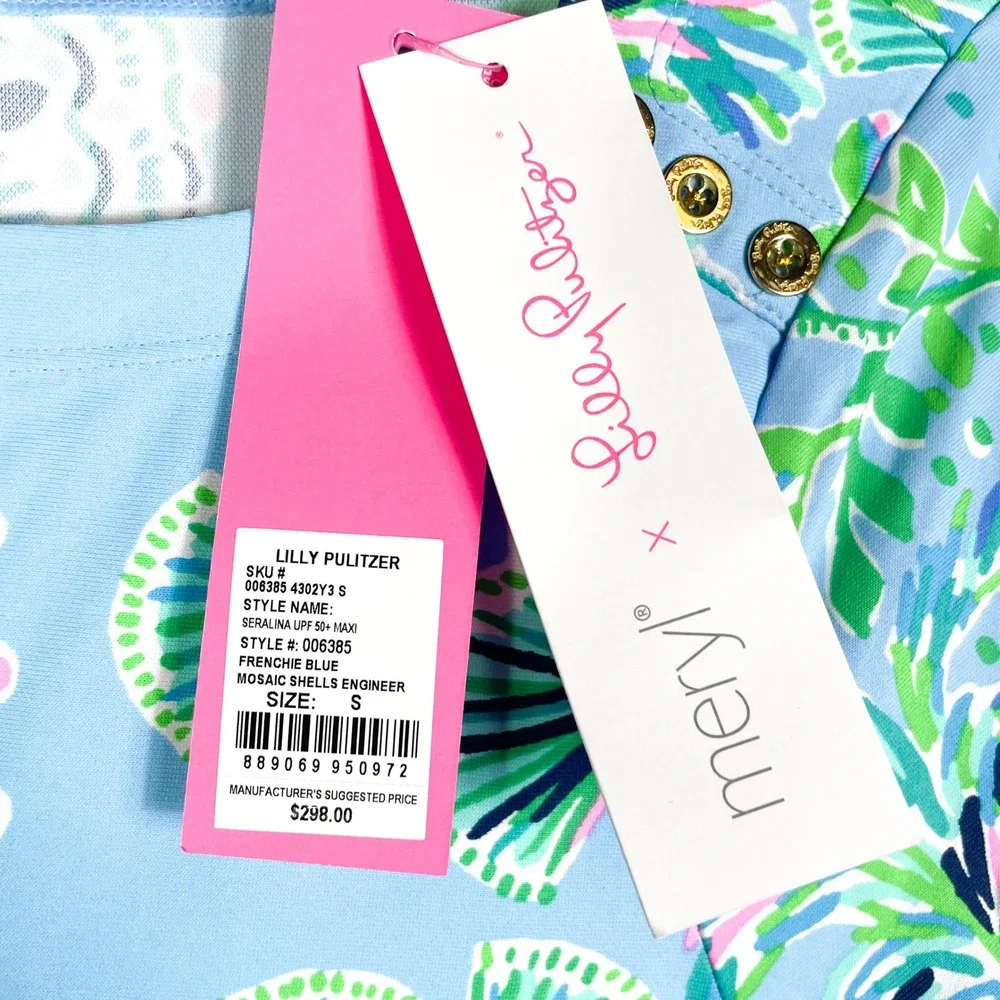 Lilly Pulitzer Seralina UPF 50 Maxi Dress Frenchie Blue Mosaic Shells Sz S - Picture 11 of 11